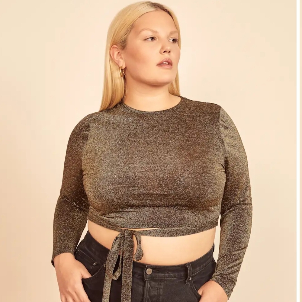 Reformation Shimmering Gold/Black Long Sleeve Crop Top.  Size Medium